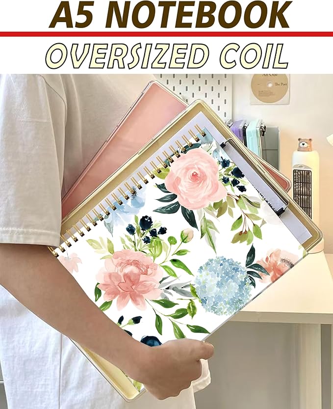 Spiral Notebook A5, Hardcover Journal for Women, 120 Pages Thick College Ruled Paper, Perfect for Office, School, or Home Use(Pink Rose Flowers)