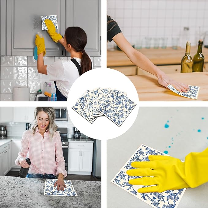 Blue Floral Swedish Dishcloths for Kitchen, 6 Pack Blue Whihe Floral Swedish Dish Cloths, Absorbent Fast Drying Sponge Cleaning Paper Towels for Cooking Home Decoration Housewarming Gift