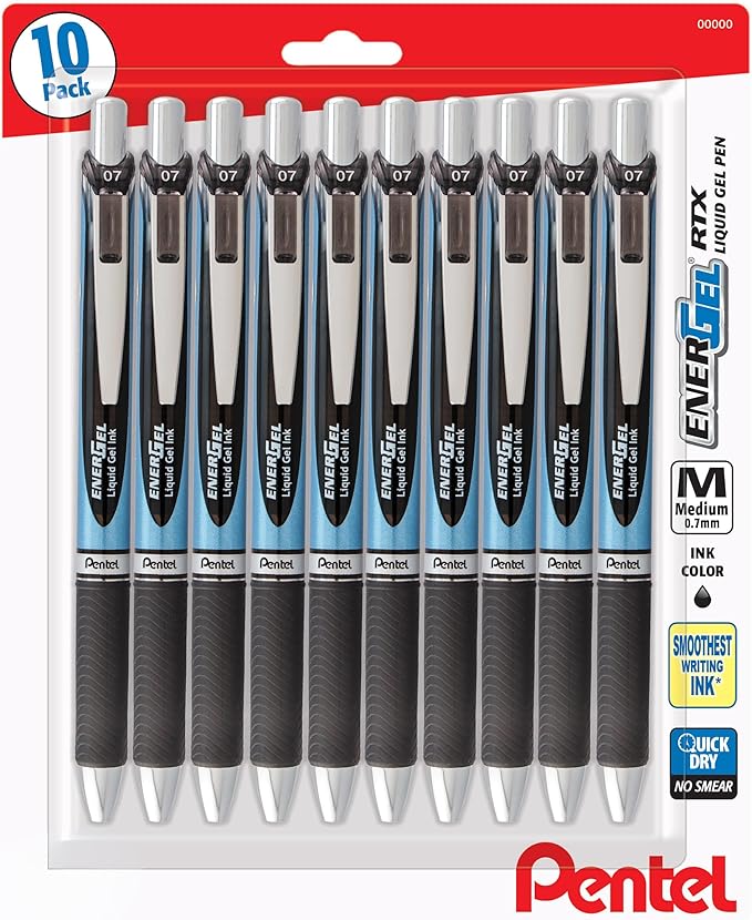 Pentel EnerGel RTX Retractable Premium Liquid Gel Pen, (0.7mm) Needle Tip, Ultra Smooth, Medium Line, Black Ink 10 Pack