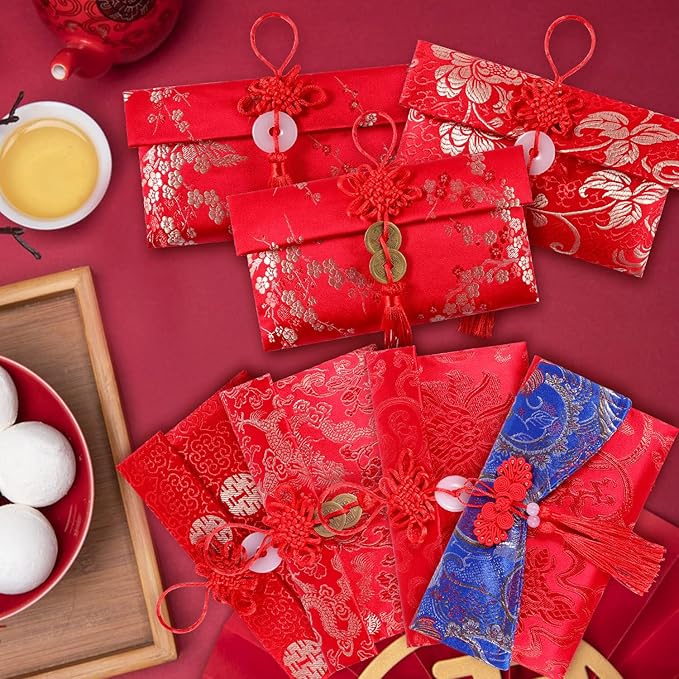12 Pieces Silk Red Envelope Chinese Red Pocket Lucky Money Hong Bao Card Envelope for Spring Festival Wedding New Year Birthday, 12 Styles with Chinese Knot Jade Pendant Copper Coin