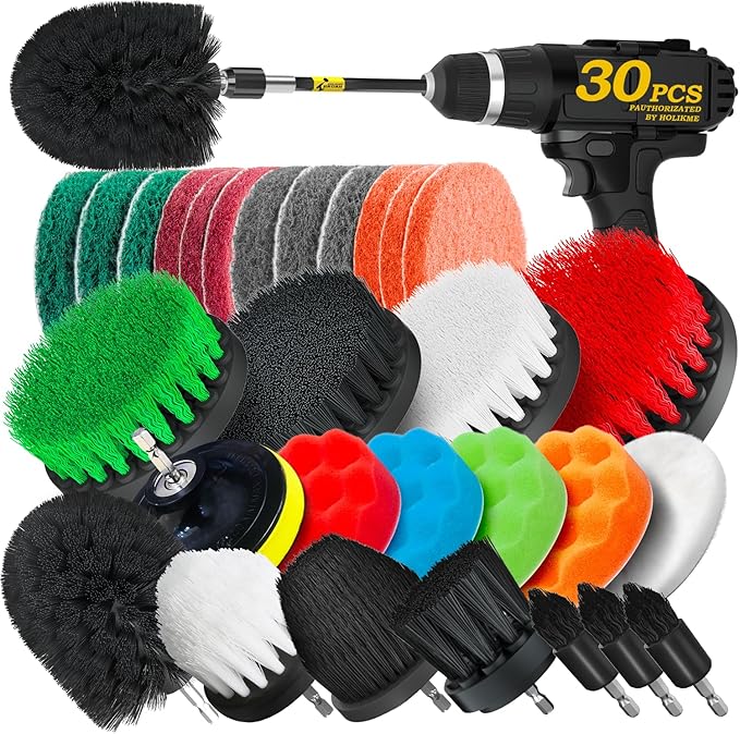 Holikme 30 Piece Drill Brush Set, Scrub Pads Scrubber Brush with Extend Long Handle Clean for Grout, Tiles, Bathtub, Bathroom, Kitchen, Black