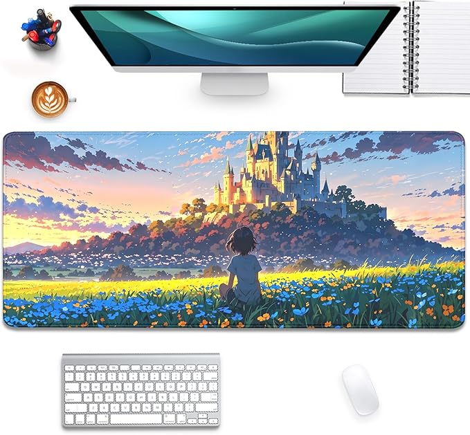 Cartoon Cute Fantasy Castle Sky Flowers Children Extended Desk Pad Mouse Pad,Stitched Edges Non-Slip Rubber Base XL Mouse Mat Desk Mat for Office Home Work Mousepad(27.5X11.8 Inch)