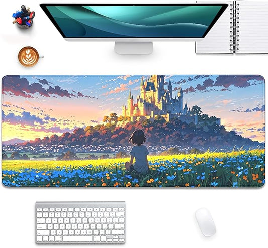 Cartoon Cute Fantasy Castle Sky Flowers Children Extended Desk Pad Mouse Pad,Stitched Edges Non-Slip Rubber Base XL Mouse Mat Desk Mat for Office Home Work Mousepad(27.5X11.8 Inch)