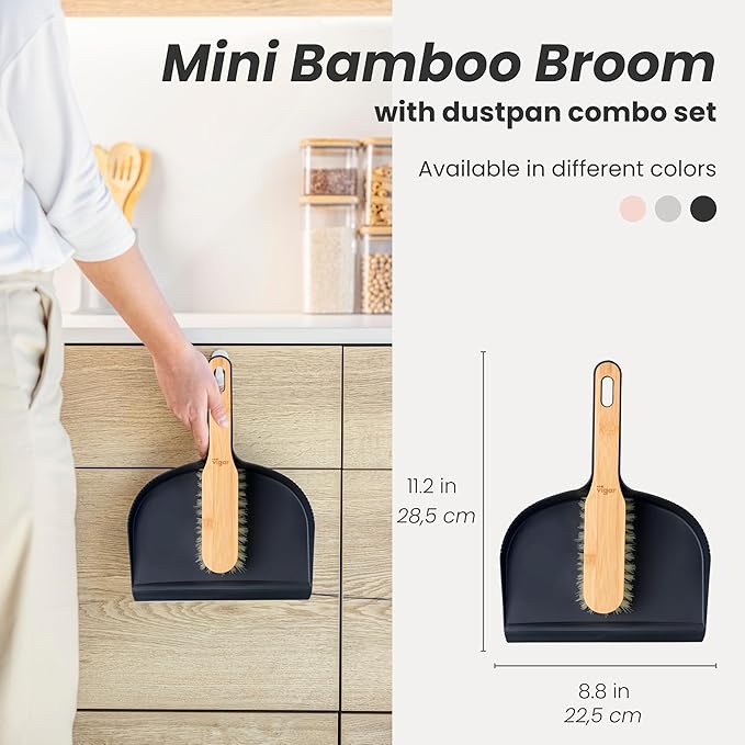 Vigar Vintage Mini Bamboo Broom with Dustpan Combo Set, Small Dust Pan and Brush Set for Dust, Pet Hair, Car, and Crumb, House, Kitchen Broom, Black