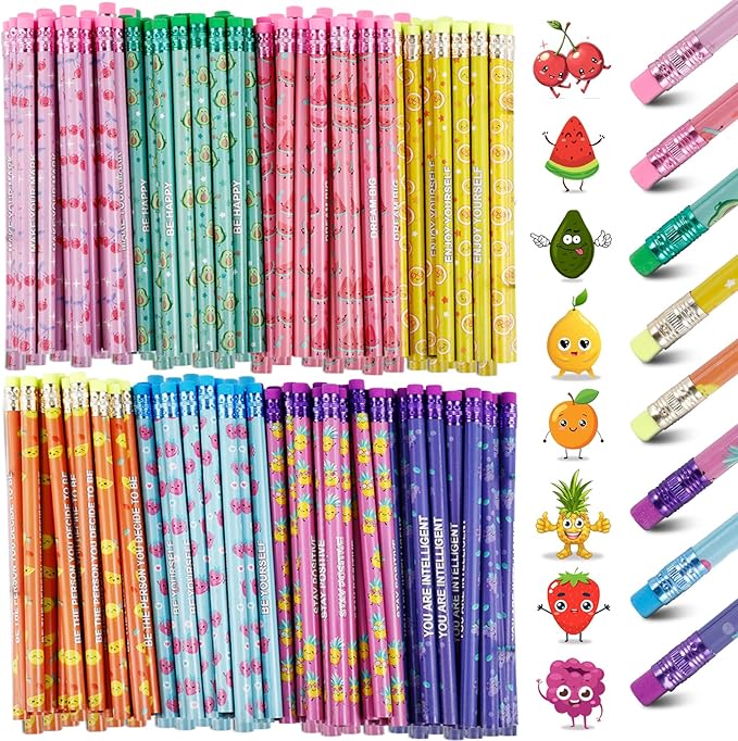 200 Pcs Scented Pencils Bulk, Fun Pencils with Eraser, Cute Wood Pencil with Inspirational Motivational, Wooden Pencil for Classroom Student Reward Girls Boys Gifts Supplies,8 Fruit Styles