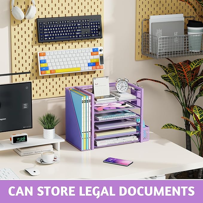 Simple Trending 6 Tier Desk File Organizer, Paper Letter Tray Organizer with File Holder and Pen Container, Purple