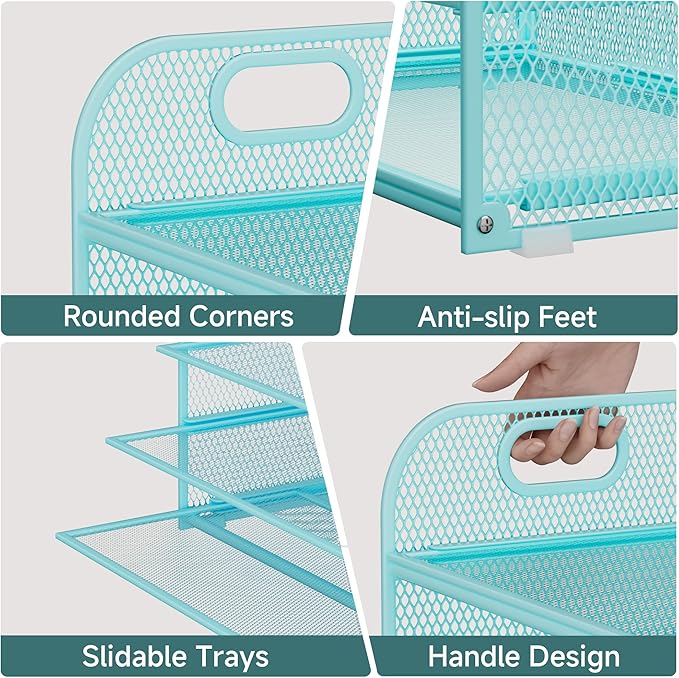 5 Tier Paper Organizer for Desk Organizer with Handle Letter Tray Mesh Paper Sorter Desk Organizer for Office Home Supplies-Blue
