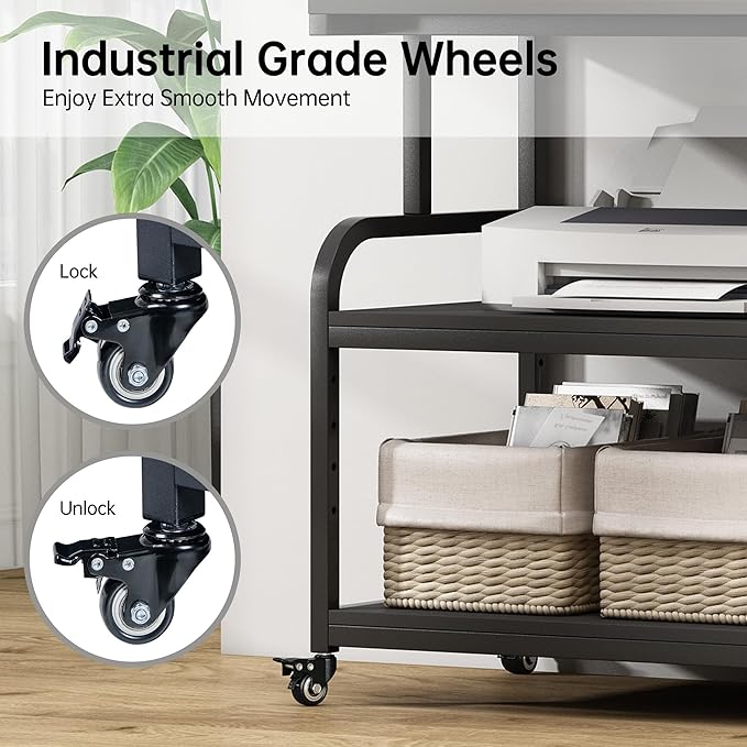 32.3" x 18.9" Extra Large Printer Stand Table with Adjustable Storage Shelf, 3 Tier Rolling Printer Cart with Industrial Wheels for Home Office, Black