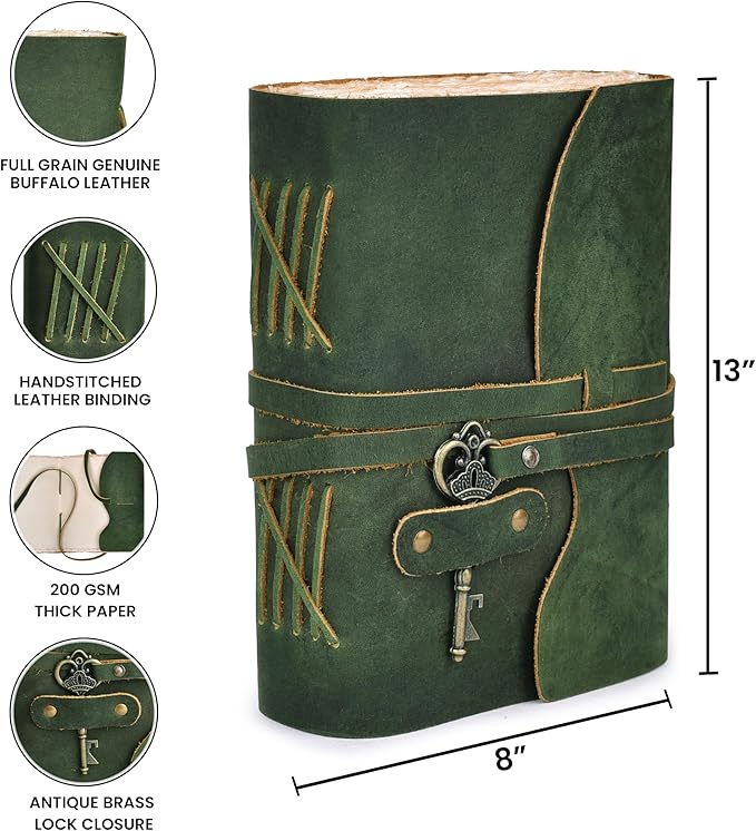 LEATHER VILLAGE Vintage Leather Journal – 200 Handmade Vintage Deckle Edge Paper – Leather bound Journal For Women Men – Vintage Key Closure - Book of Shadows - Green - 13X8 inches