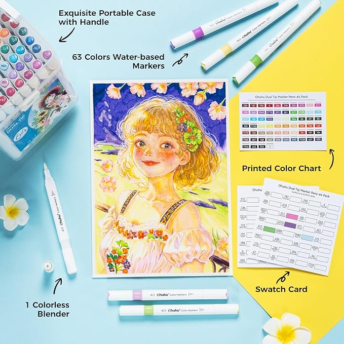 Ohuhu Water-based Markers for Adult Coloring Books No Bleeding 64 Colors Dual Tips Coloring Markers for Kids Adults Beginners Drawing Pens for Journaling Lettering (Brush & Fine)