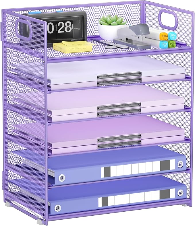 6-Tier Mesh Desktop File Organizer Letter Size Paper Tray with Handle Metal Construction Purple