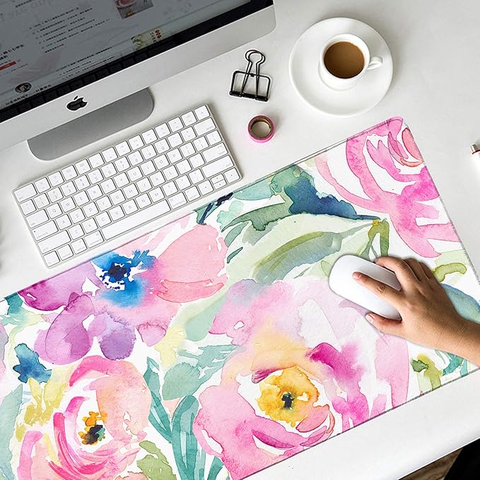 HAOCOO Floral Extended Desk Pad, Large Mouse Mat With Edge Stitching, 2 MM Thick Waterproof Computer Keyboard Mat, Non-Slip Rubber Base for Office