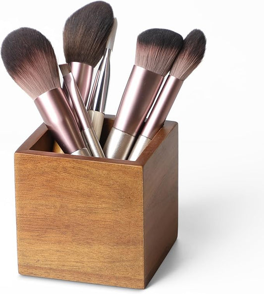 Acacia Wood Makeup Brush Holder Organizer for Vanity,Pen and Pencil Holder for Desk,Desktop Organizer for Store Marker, Makeup Brush, TV Remotes