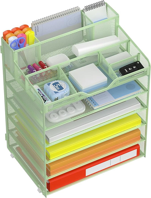 Docnest 6 Tier Mesh Desk Organizer for Paper Office Supplies – Multi-Functional Letter Tray with 5 Adjustable Compartments, 3 Pen Holders, Desktop Storage for Files, Mail, Stationery – Green