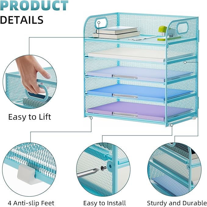 Marbrasse Paper Organizer Letter Tray, 5 Tier Mesh File Organizer with Handle, Paper Sorter Desk Organizer for Home Office Supplies - Blue