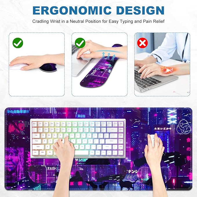 Anime Neon Large Mouse Pad and Keyboard Wrist Rest,Purple Extended Mouse Pad with Wrist Support Ergonomic, Non-Slip Desk Mat, Desk Protector Blotter for Home Office, Warrior Cat