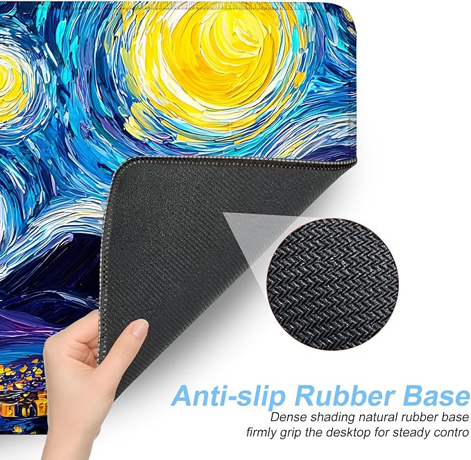 Vincent Van Gogh Starry Night Inspired Mouse Pad – Thicker 31.5" x 11.8" Extended Desk Mat with Dreamy Galaxy and Village Nightscape, Non-Slip Base & Smooth Surface for Office & Gaming