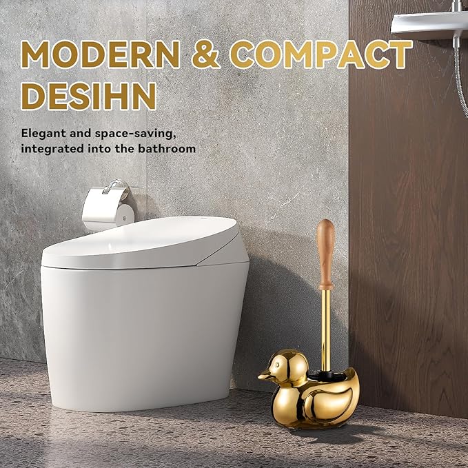 Duck Toilet Brush and Holder Set - Ceramic Bathroom Toilet Scrubber Brush Organizer with Wooden & Stainless SteelHandle, Gold Toilet Brush & Cute Duck Design for Bath Decor Storage