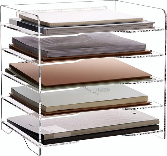 SANRUI Acrylic Desk File Organizer 5 Tier Letter Tray Paper Organizer with Handle for Office, Home, Classroom Clear Desk Organizer Document Holder