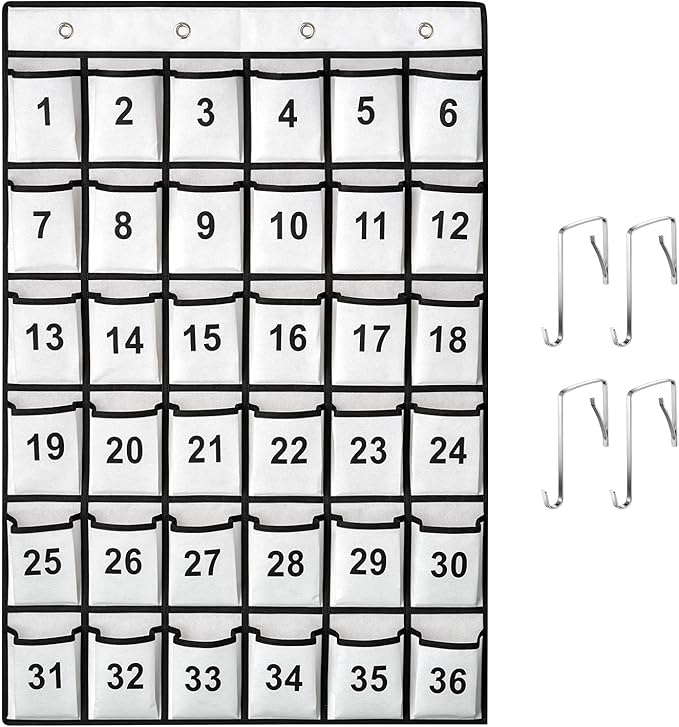 36 Pockets Numbered Classroom Pocket Chart for Cell Phones, Hanging Pocket Chart Storage for Classroom Phone Calculator Holder with 4 Stainless Steel Hooks (White-36pockets)