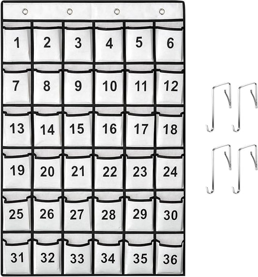36 Pockets Numbered Classroom Pocket Chart for Cell Phones, Hanging Pocket Chart Storage for Classroom Phone Calculator Holder with 4 Stainless Steel Hooks (White-36pockets)