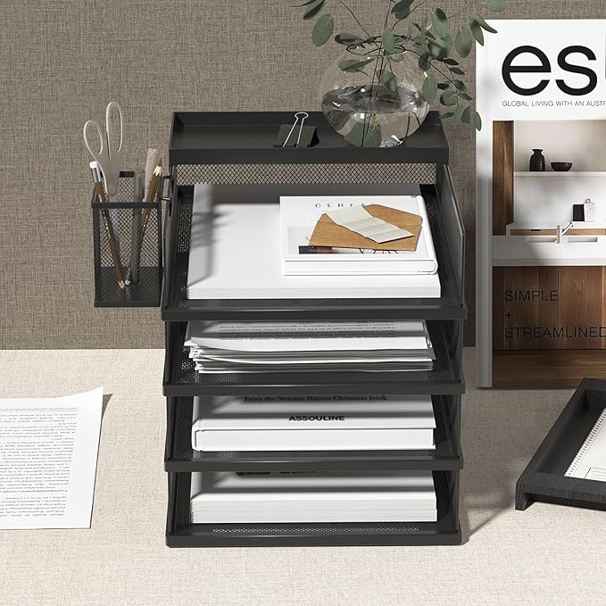 Stackable Letter Trays, 4 Tier Metal Paper Tray & Desk Organizer, Stackable File Trays for Office & Home, Multi-Functional Document Tray with Fine Grid Design & Magnetic Labels,Black