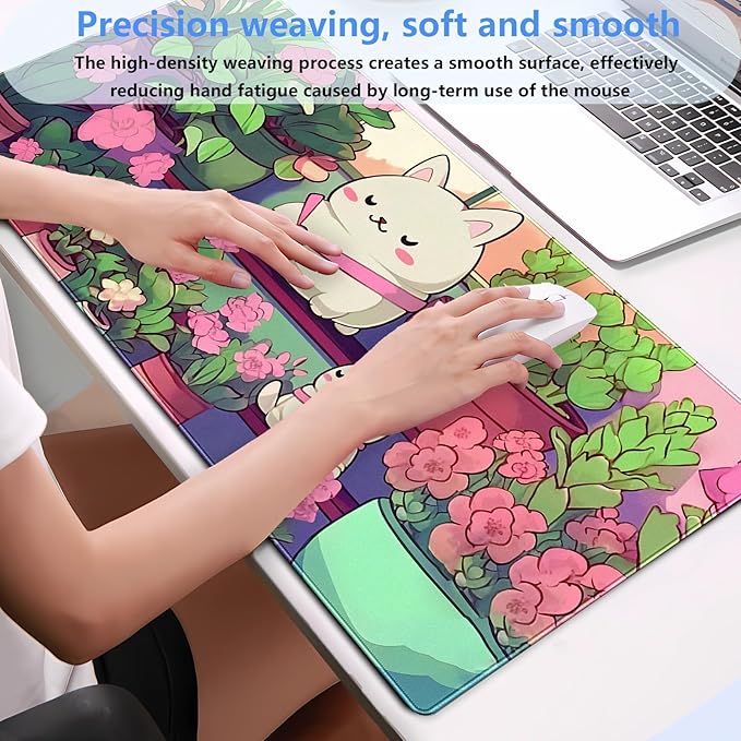 Cute Desk Mat Cat Mouse Pad Gaming Mousepad XXL Kawaii Desk Matt Pink Green Floral Keyboard Mat, Laptop Computer Desktop Decor Mat with Stitched Edges, 3mm Thick Non-Slip Rubber Base 31.5x15.7 in