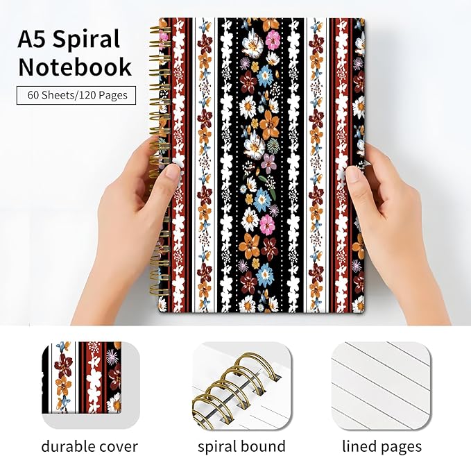 Spiral Journal Notebook, Hardcover Lined Journal for Women, Medium 6 x 8.4 in, 120 Pages Thick Paper, College Ruled Notebook for Writing, Work, Office, and School,Boho Stripe Colorful Flowers