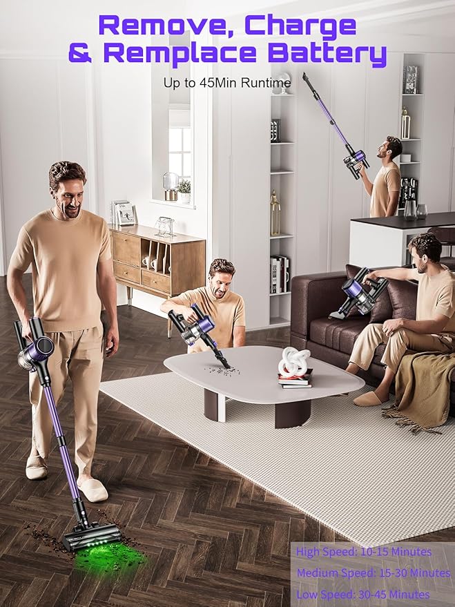 OIRFND Cordless Vacuum Cleaner, 45KPA /10-in-1 Stick Vacuum with 29-inch Hose, 45Mins Runtime Vacuum Cleaners for Home, Anti-Tangle Brush, Lightweight Rechargeable Vacuum for Hardwood Floor Carpets