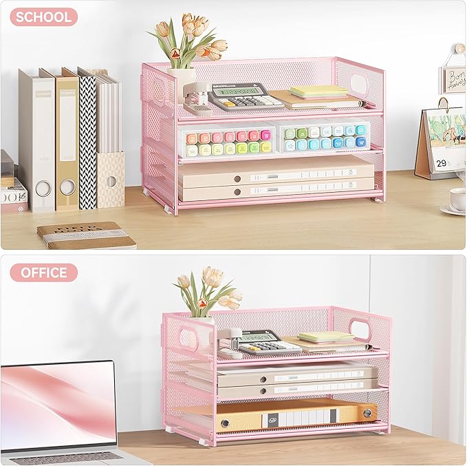 Subekyu 3 Tier Paper Letter Tray Organizer for Desk, Pink Metal Mesh File Folder Sorter Organizer with Handle and 1 PC Sliding Tray for Home Office School Desk Supplies Organization Storage