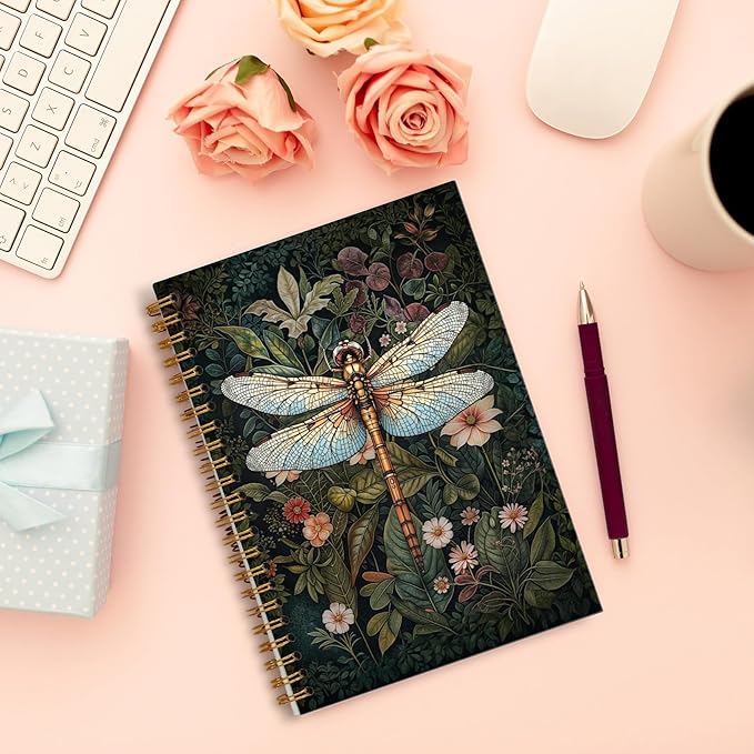 Vintage Floral Dragonfly Notebook, Dark Green Botanical Dragonfly Journal, Cottagecore Flower Plant Journal, Rustic Mosquito Hawk Spiral Notebooks 5.5x8.3 Inch