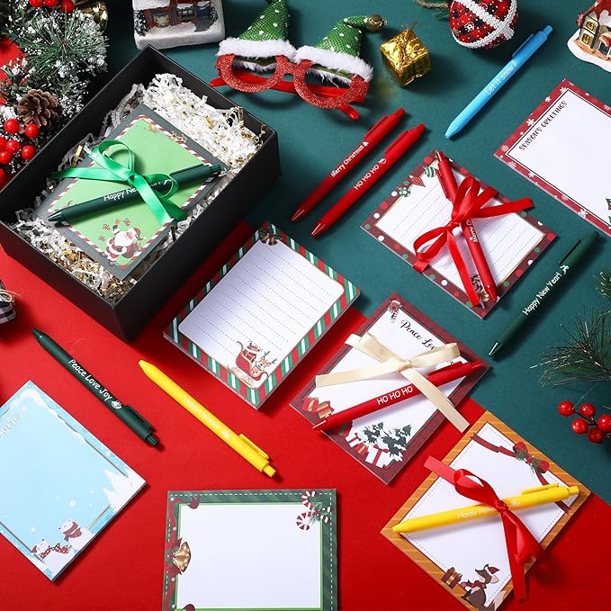 36 Pcs Christmas Sticky Notes with Pen and Ribbon Winter Theme Notepads Santa Snowman Gingerbread Christmas Self Adhesive Memo Pads for Xmas Holiday School Office Home Supplies