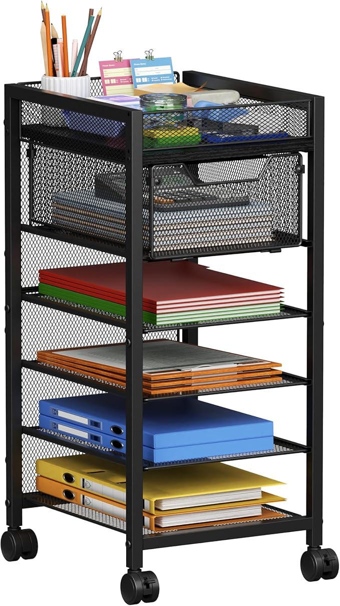 keomaisyto Under Desk Storage Slim File Cabinet, 6-Tier Rolling File Cart with Paper Letter Tray & Drawer, Standing Paper Organizer with Wheels, Narrow Desk Organization for Home Office Workspace