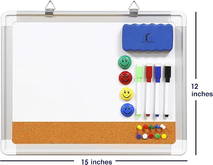 White Board Cork Board Combo - 15x12 in Dry Erase Board with Cork and 1 Magnetic Eraser, 4 Dry Wipe Markers, 4 Magnets and 10 Pins - Wall Hanging Whiteboard with Corkboard for Home and Office (15x12)