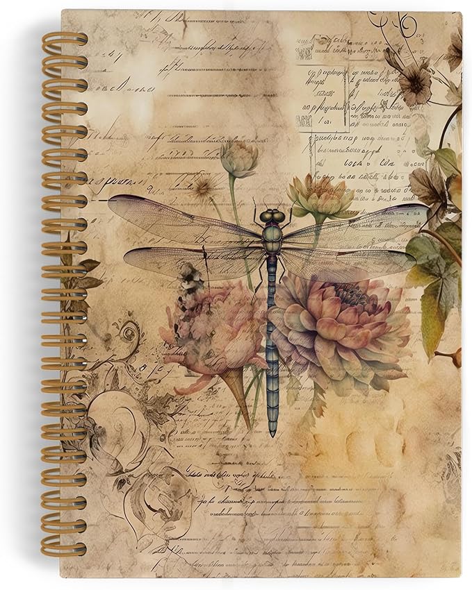 Dragonfly Flower Spiral Notebook, Dragonfly Gifts for Women, Vintage Dragon Fly Journal Notebook, Dragonfly Notebooks for School Work, Dragonfly Office Supplies Gifts for Women Men, 5.5x8.3 Inch