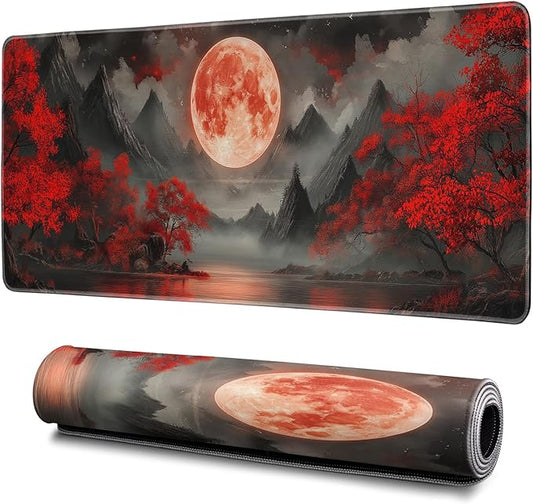 Darkness Red Moon Mouse Pad Abstract Red Mouse Pad 31.5x11.8 Inch Texture Non-Slip Rubber Base Large Mousepad Stitched Edges Keyboard Mouse Mat Desk Pad for Office and Home