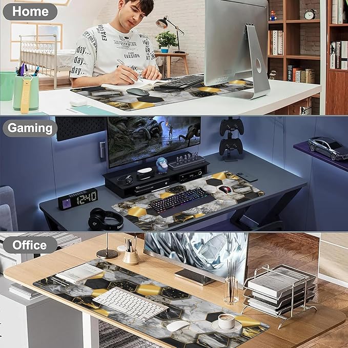 Desk Pad, Black Golden Honeycomb Marble Hexagon Extended Large Gaming Mouse Pad for Desk XXL, Large Desk Mat for Desktop with Non-Slip Rubber Base Stitched Edges for Home Office Desk 35.4"X15.7"
