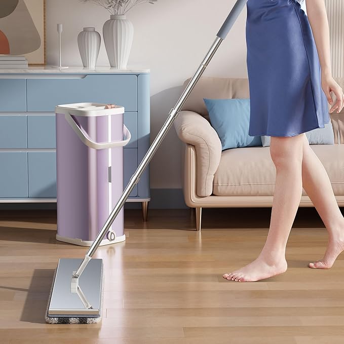 SWIFTIRON Separates Dirty Water Mop, Flat Mop and Bucket for Home with 4 Extra Refills, Stainless Steel Mop and Bucket with Wringer (Pink)