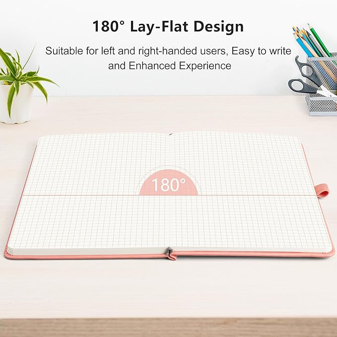 RETTACY Graph Grid Paper Notebook, 192 Pages, A5 Medium Size (5.7'' x 8.3''), 5 Squares per Inch, Leather Hardcover, 100 GSM Thick Paper, for School, Students, Math, Engineering (Pink)