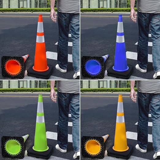 Fluorescent Orange/Green PVC Traffic Cones, Heavy Black Base Parking Lot Cone Structurally Stable Weatherproof Road Construction Safety Cones (4, Orange, 36" Extra Large)