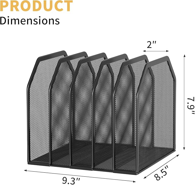 Metal 5-Section File Folder Organizer for Desk | Compact Vertical Desk File Holder | Desktop Paper Sorter for Documents, Notebooks, Books | Black Office Organizer (9.3”x8.5”x7.9”)