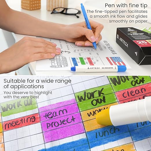 ARTEZA Gel Highlighters and Black Pens – 24-Pack with Sharpener, Smudge-Free, No-Bleed, for Thin Pages, Journaling, Note-Taking, School and Office Use