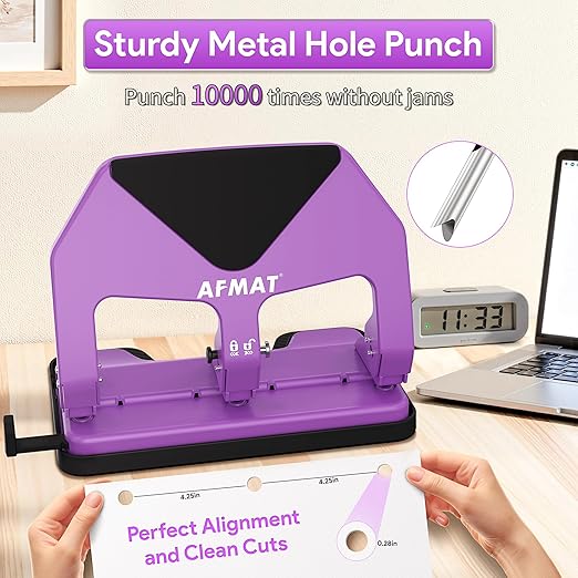 AFMAT HP20 Heavy Duty 3 Hole Punch, 50-Sheet Capacity, 60% Reduced Effort Three Hole Puncher for Binder, 10K+ Uses, Large Chip Tray, Adjustable Paper Guide, Office Metal Paper Puncher 3 Ring, Purple