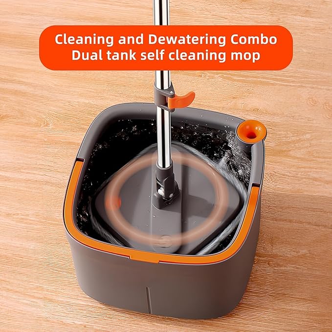 KZKR Spin Mop and Bucket Set with 10 Replaceable Microfiber Mop Pads with Self Separation Dirty and Clean Water System, Self Wringing 360° Rotating Square Mop Head for Hardwood Tile Marble Floors