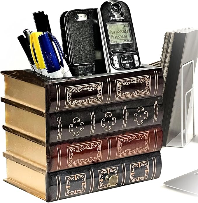 Bellaa 20591 Pencil Pen Holder Desk Organizer Caddy Bottom Storage Drawer Antique Vintage Books Decorative Design Home Office Library