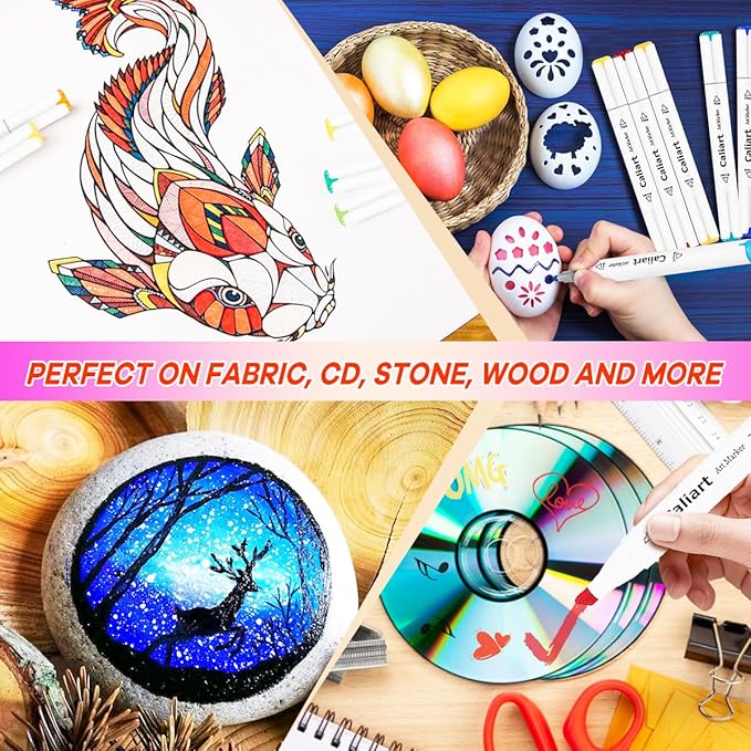 Caliart Alcohol Based Markers, 24 Colors Dual Tip Art Marker Set Fine & Chisel, Permanent Colored Pens for Adults Coloring Book Artists Illustration Sketch Lettering Drawing Cards Planner