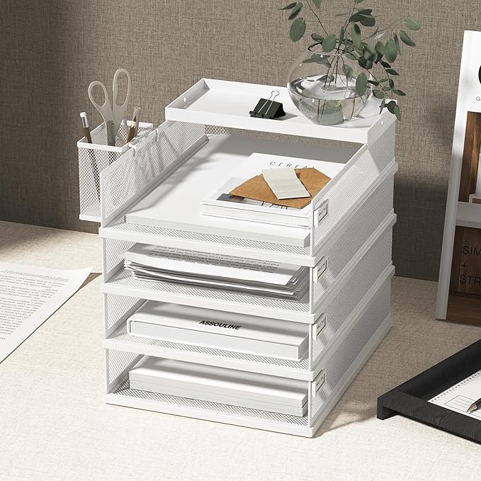 Stackable Letter Trays, 4 Tier Metal Paper Tray & Desk Organizer, Stackable File Trays for Office & Home, Multi-Functional Document Tray with Fine Grid Design & Magnetic Labels,White