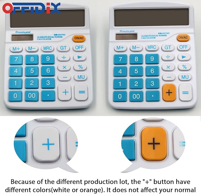 OFFIDIX Office Desktop Calculator, Solar and Battery Dual Power Electronic Calculator Portable 12 Digit Large LCD Display Calculator, Blue