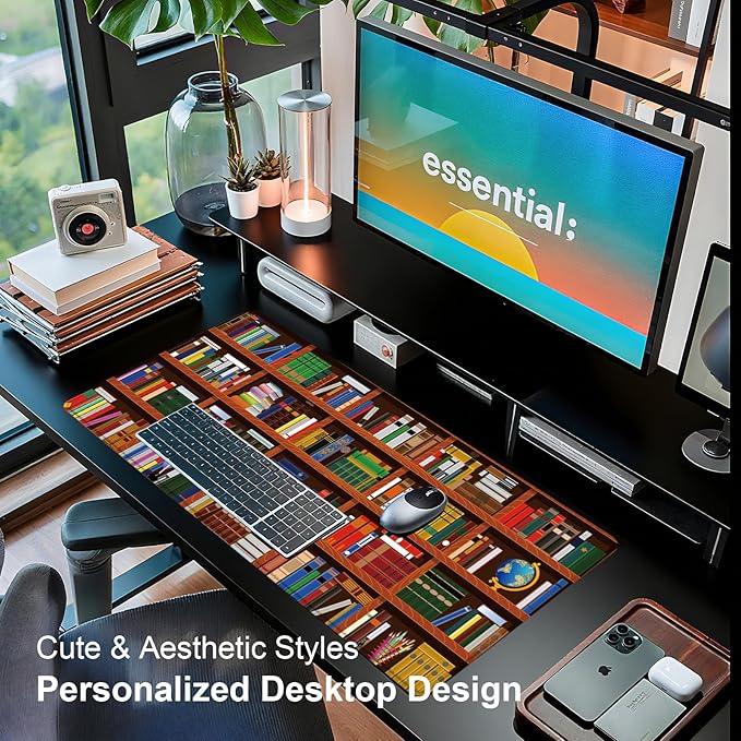 Large Desk Mat, Desk Matt for Desktop, Computer Gaming Mouse Pads, Anti-Slip Rubber Base, Stitched Edges Soft Mat for Desktop Office Home 31.5 x 11.8 Inches (Colorful Books)