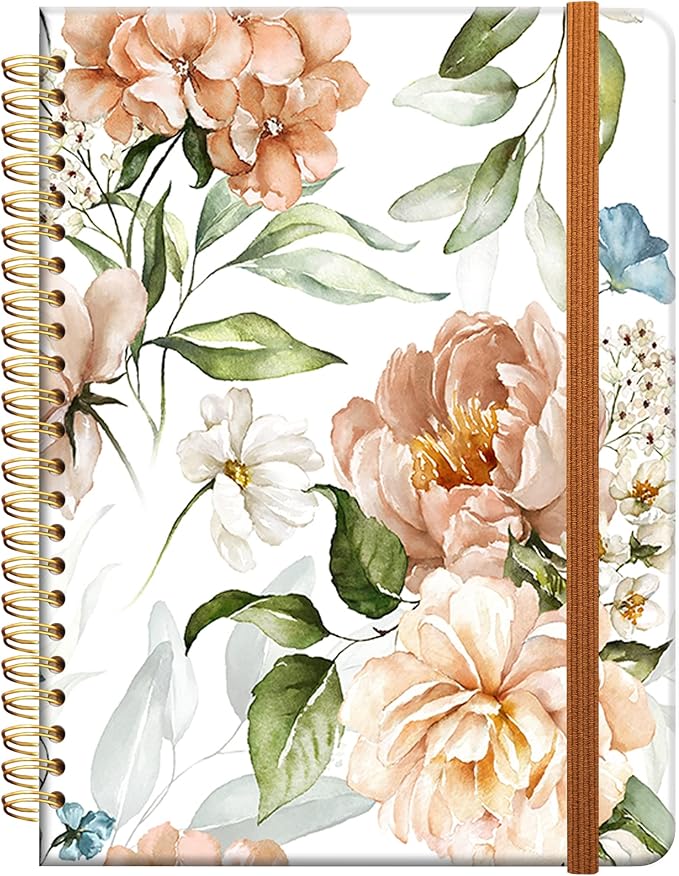 Ruled Spiral Writing Notebook,A5 Hardcover Lined College Journal for Women Lady Girl,Watercolor Floral Strong Twin-Wire Binding with Premium Paper,8.4" X 6",Perfect for School,Office,Home Gifts(Pink